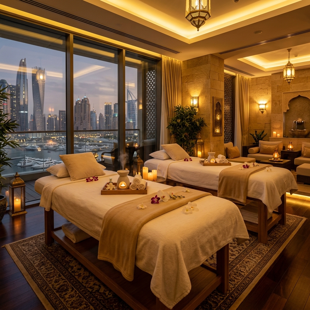 High-end couple spa table setup with white linens